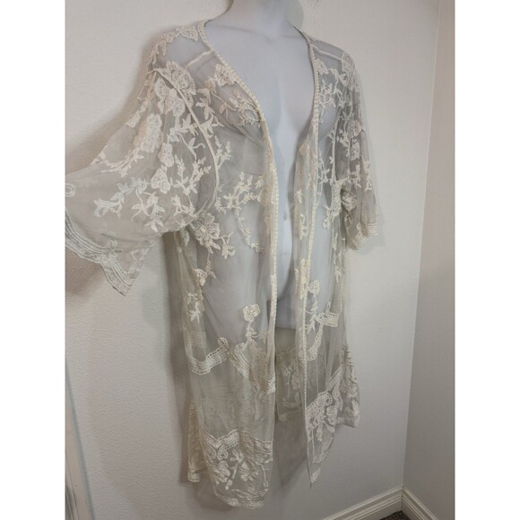 Dizzy Gal Lace Kimono Duster Cover Up Top Long Line Size 1X Ivory Festival Girly - Picture 2 of 7